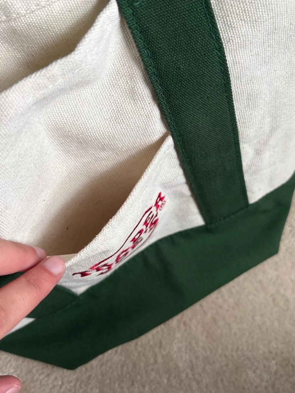 NWOT Trader Joe's white & green mini canvas tote bag with red logo